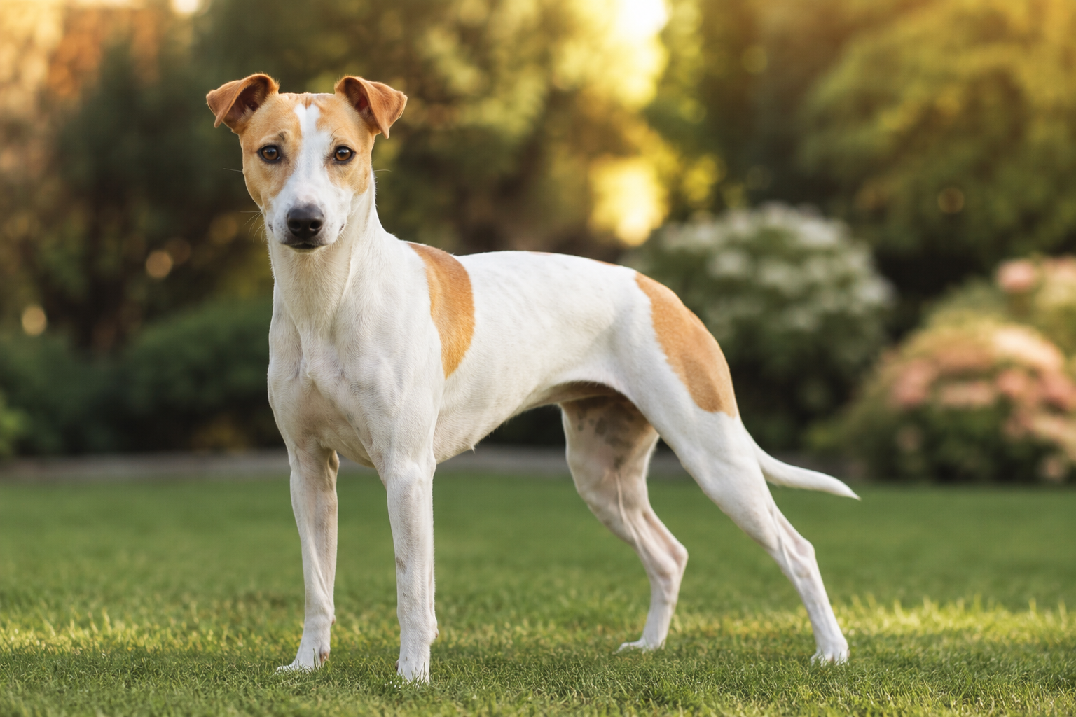 A lean and athletic Whippet Jack Russell mix standing outdoors.